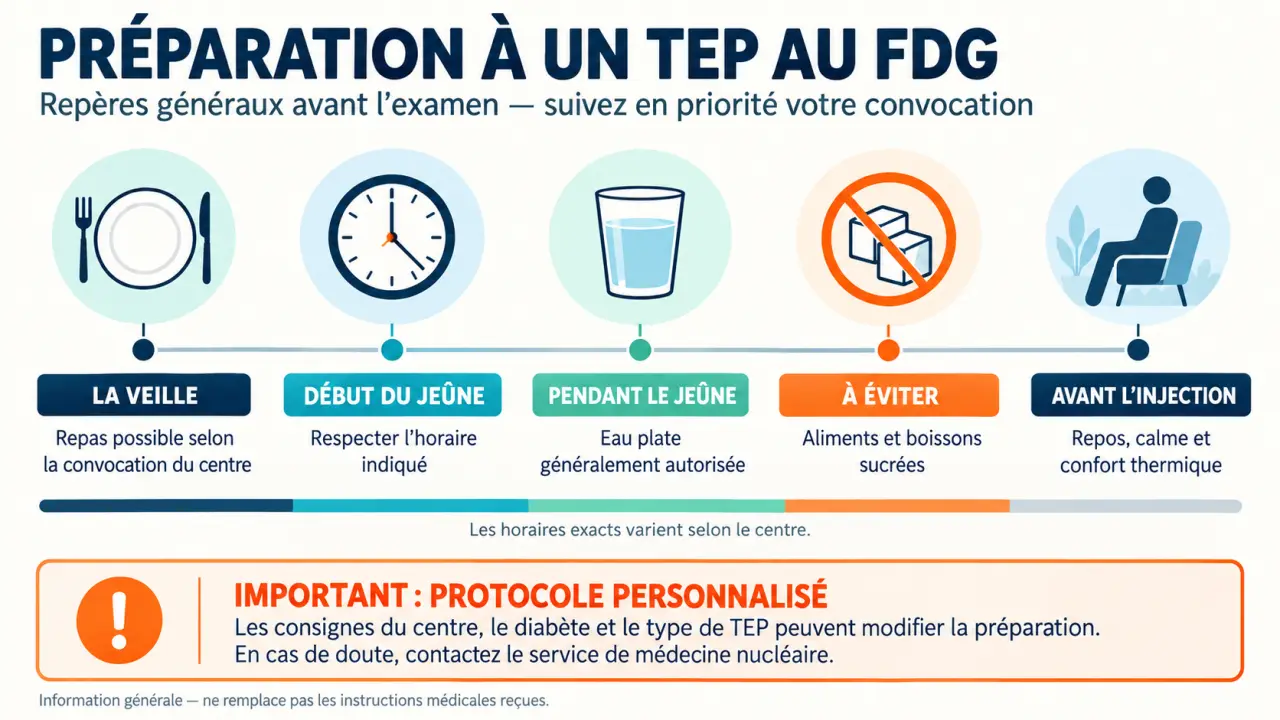 Quoi manger avant un PET scan : infographie sur le jeûne, l’eau autorisée et les aliments à éviter