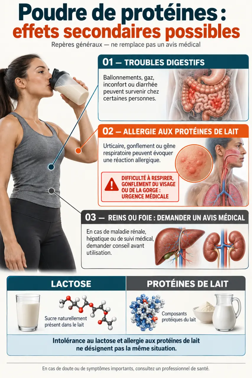 Infographie sur les delical poudre de protéines effets secondaires, le lactose, l’allergie et les signes nécessitant un avis médical