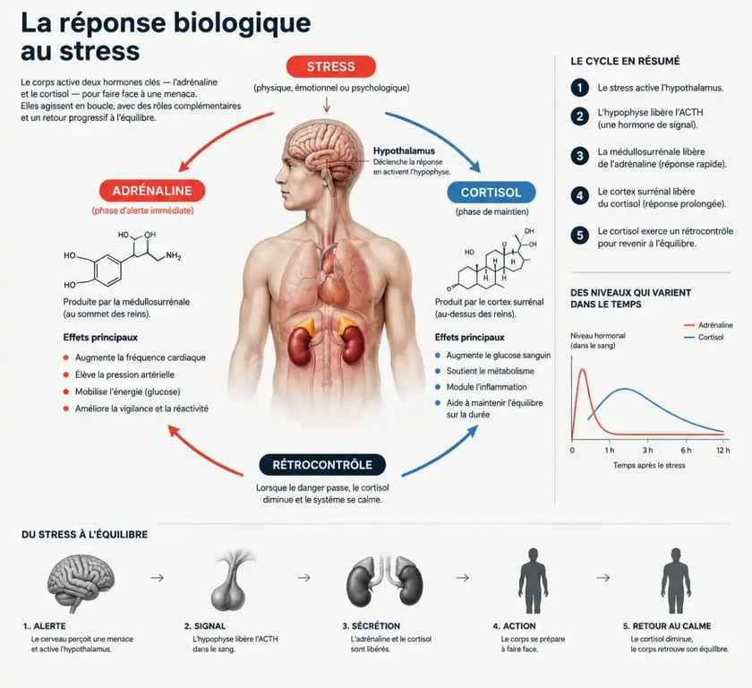 Schéma explicatif du mécanisme biologique du stress et du cortisol pour réduire le stress naturellement.