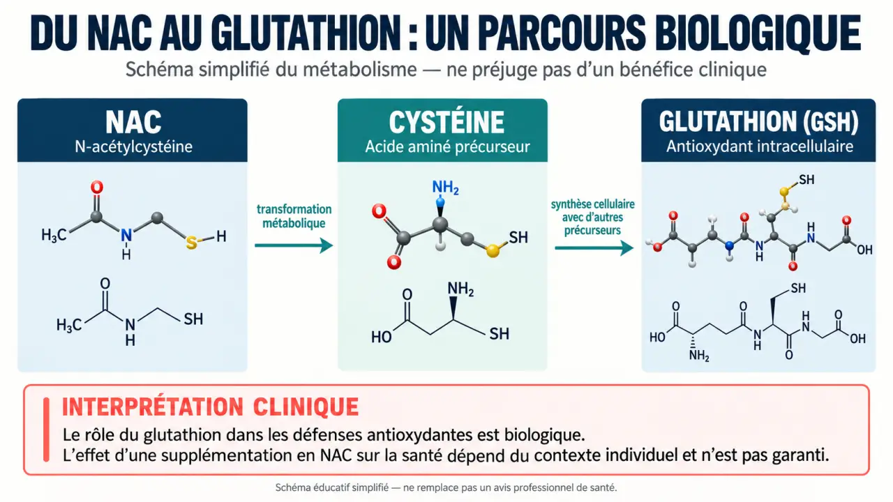 NAC pharmacie : schéma du parcours de la N-acétylcystéine vers la cystéine et le glutathion