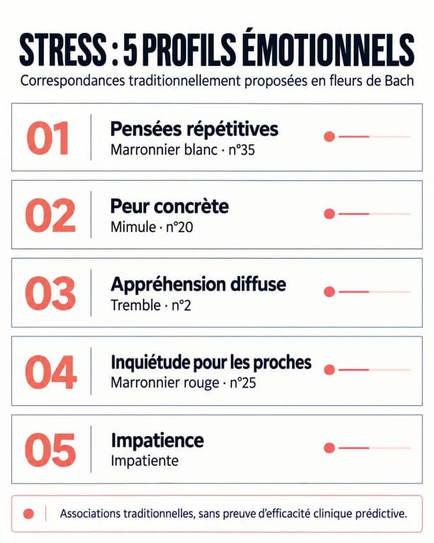 Infographie sur la fleur de Bach pour le stress selon les profils émotionnels