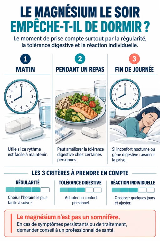 Infographie : magnésium le soir empêche de dormir ou influence surtout la tolérance et l’horaire de prise