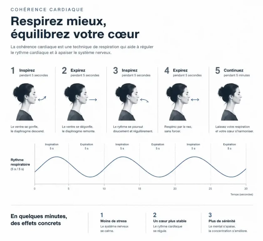 Illustration de la technique de cohérence cardiaque pour réduire le stress naturellement.