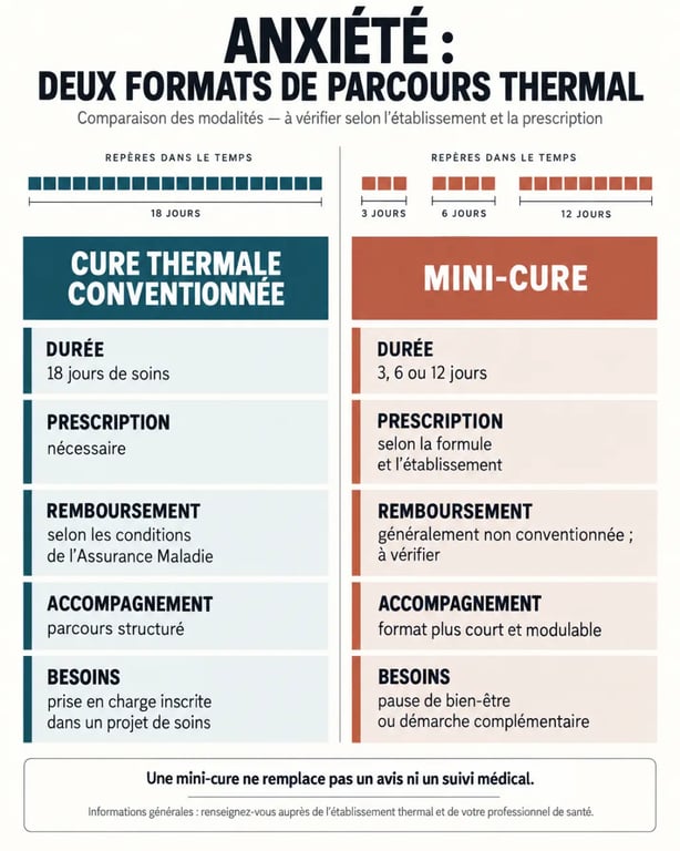 Infographie sur la cure thermale anxiété : cure conventionnée ou mini-cure