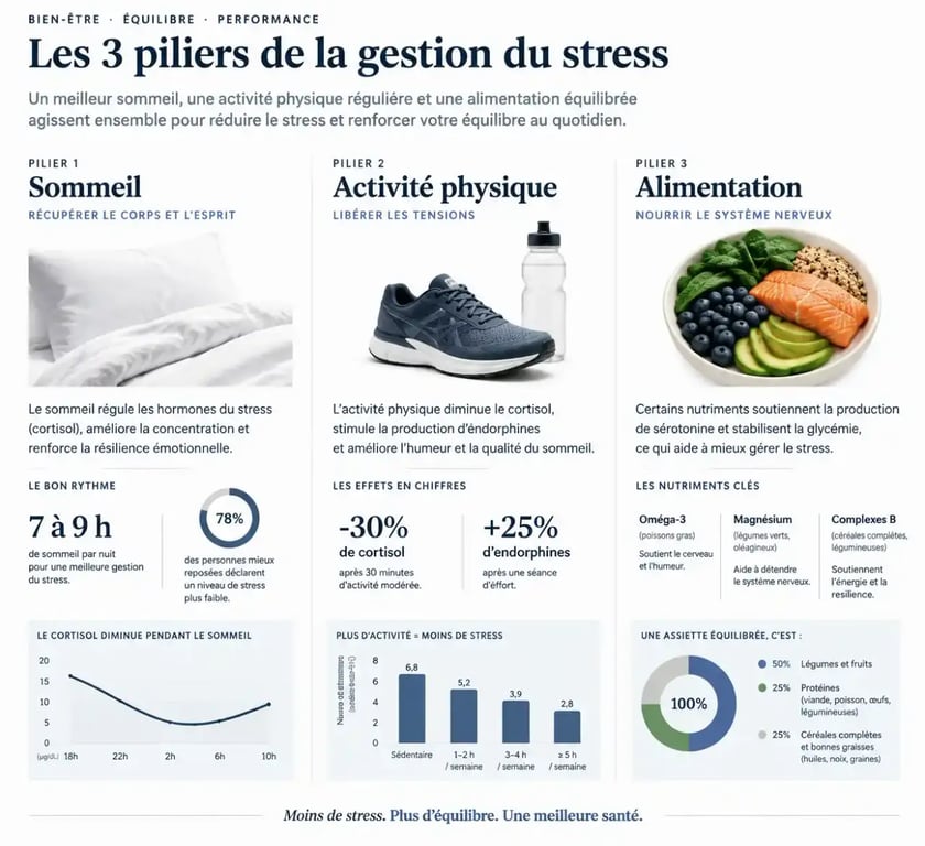 Infographie des piliers naturels pour réduire le stress naturellement au quotidien.
