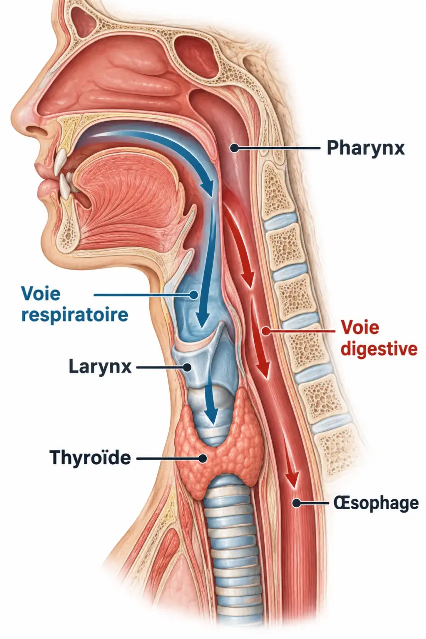 Schéma anatomique expliquant une boule dans la gorge et la position du pharynx, du larynx, de l’œsophage et de la thyroïde