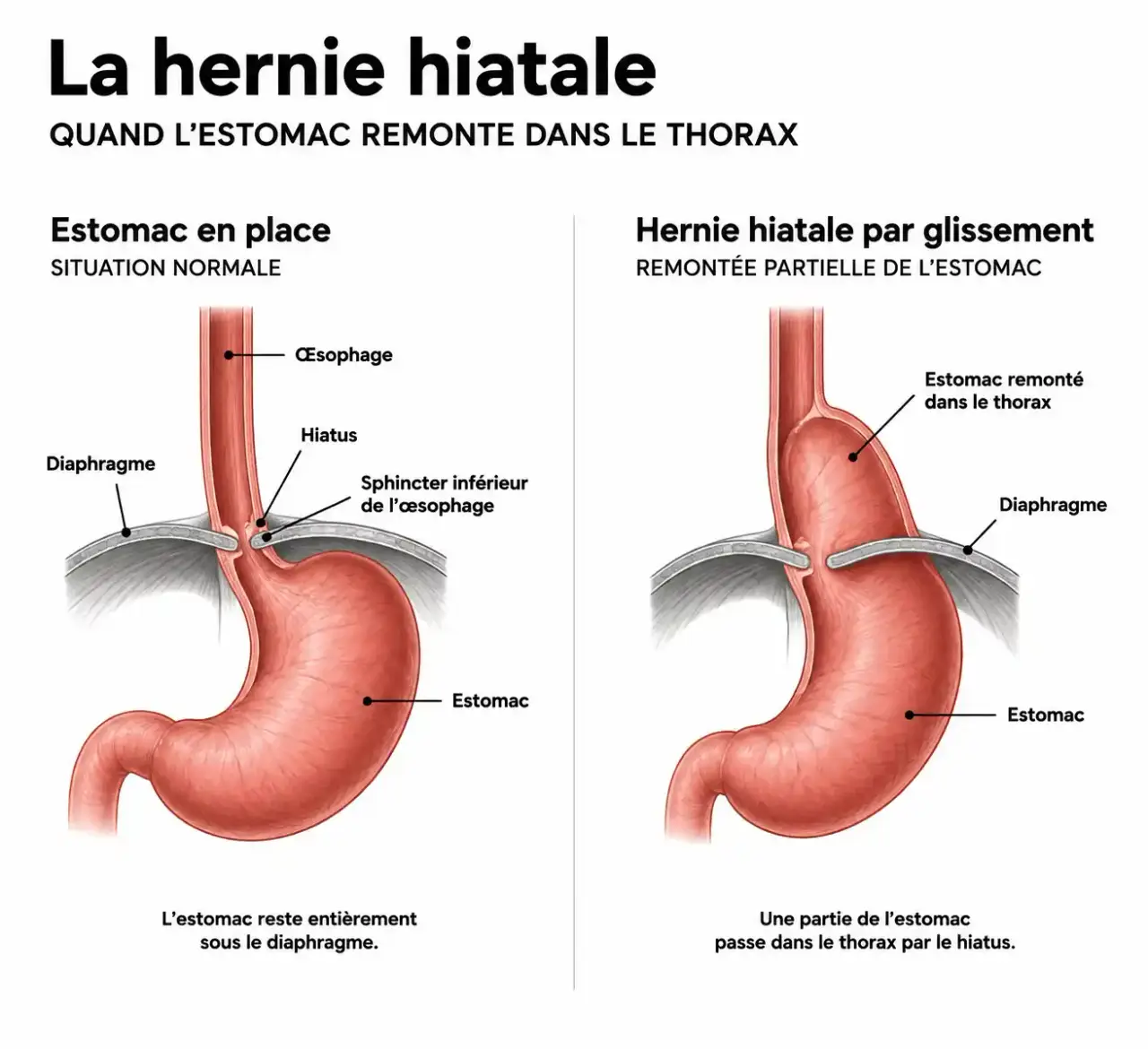 Schéma de l'homéopathie et de la hernie hiatale : estomac, hiatus oesophagien et diaphragme, avec un estomac normal et un estomac en hernie par glissement